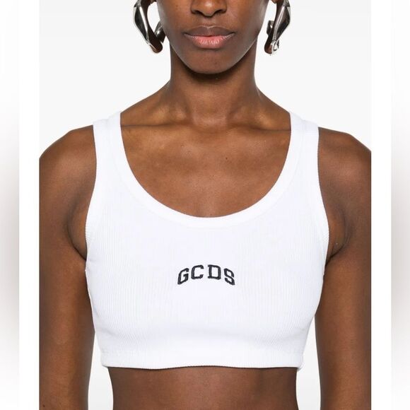 GCDS White Ribbed Crop Top logo tank tee Revolve street wear brand FWRD NWT L - Picture 1 of 9